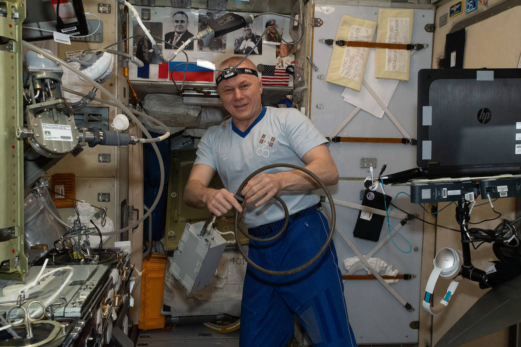 Cosmonaut Oleg Novitskiy services Russian life support components.