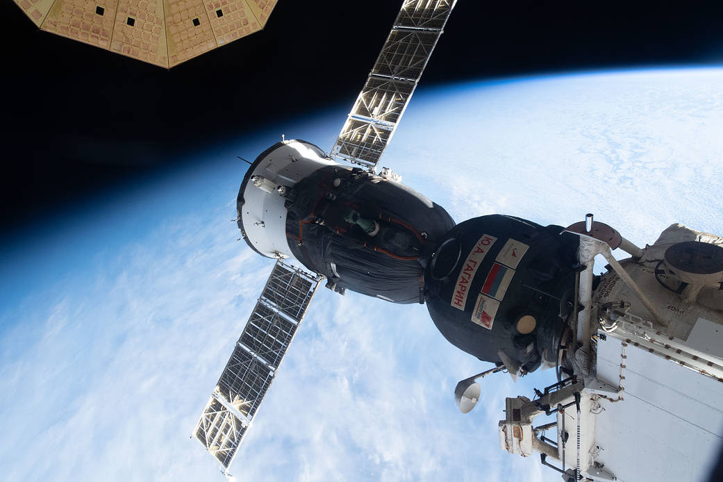 The Soyuz MS-18 crew ship docked to Rassvet