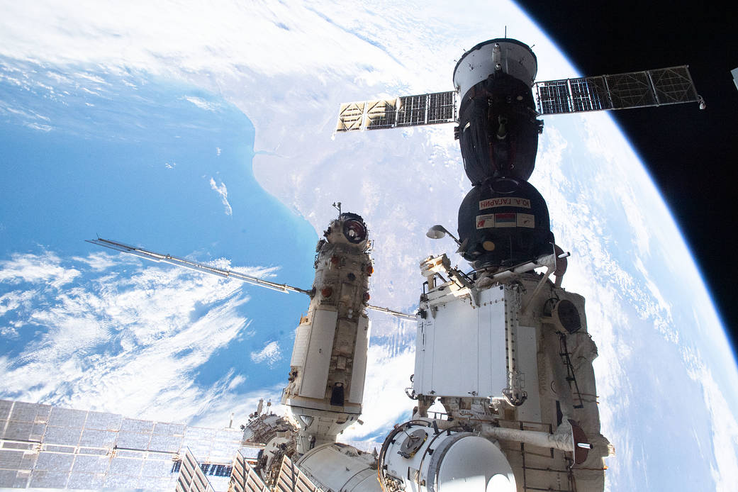 The Soyuz MS-18 crew ship and the Nauka multipurpose laboratory module