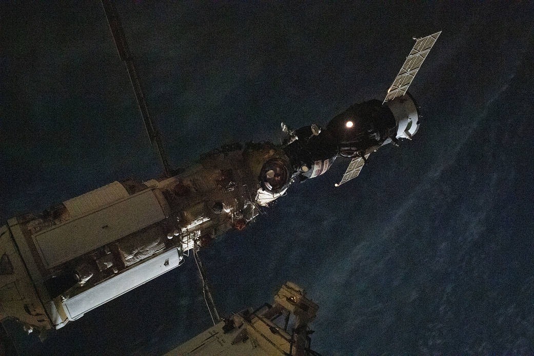 The Soyuz MS-18 crew ship docked to Nauka