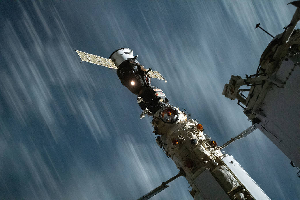 The Soyuz MS-18 crew ship docked to Nauka