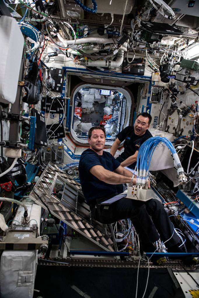 Astronauts Thomas Pesquet and Akihiko Hoshide install a router