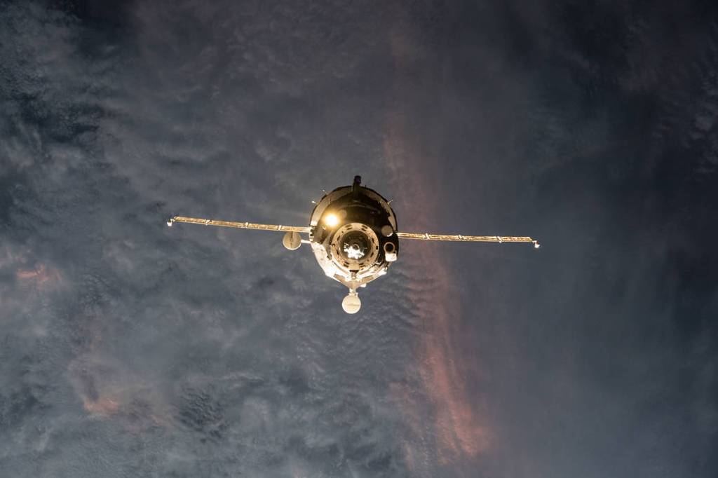 The Soyuz MS-19 crew ship approaches the space station