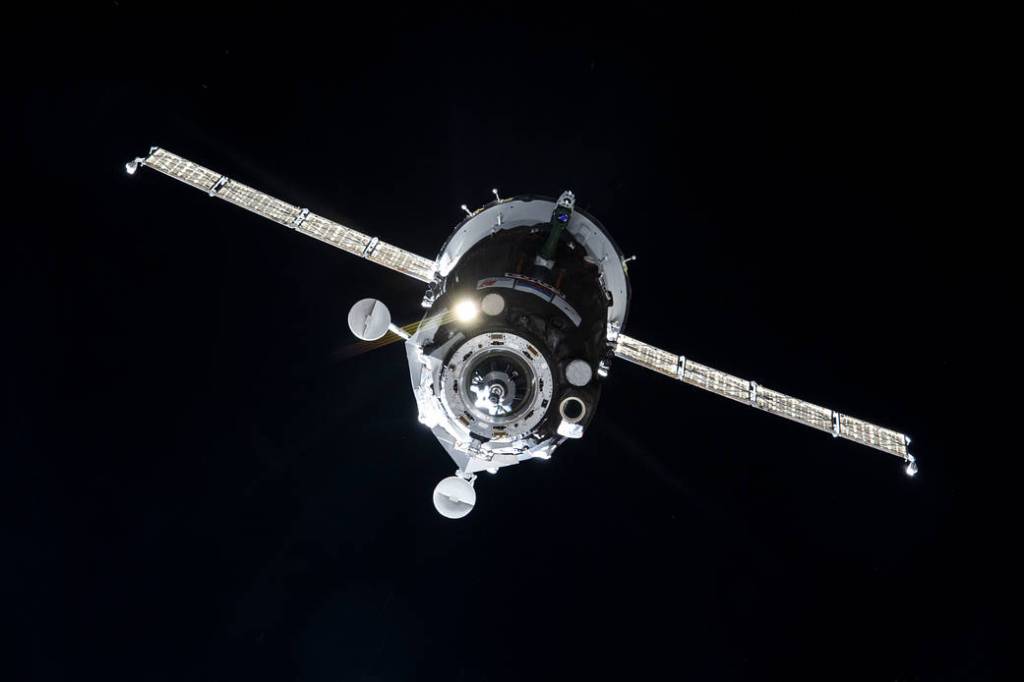 The Soyuz MS-19 crew ship approaches the space station