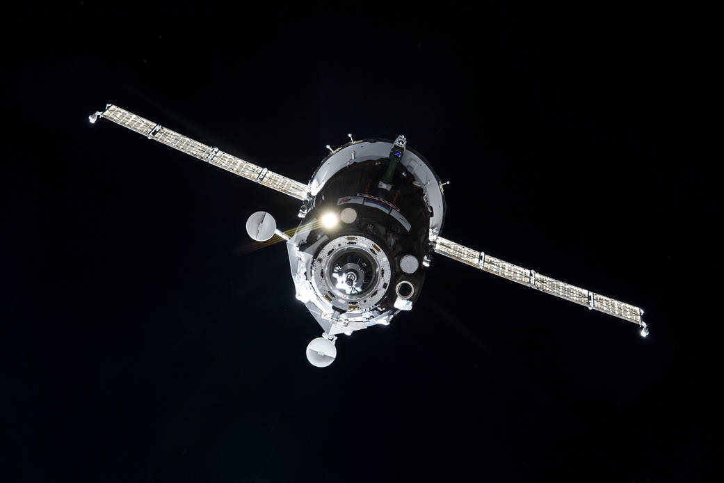 The Soyuz MS-19 crew ship approaches the space station
