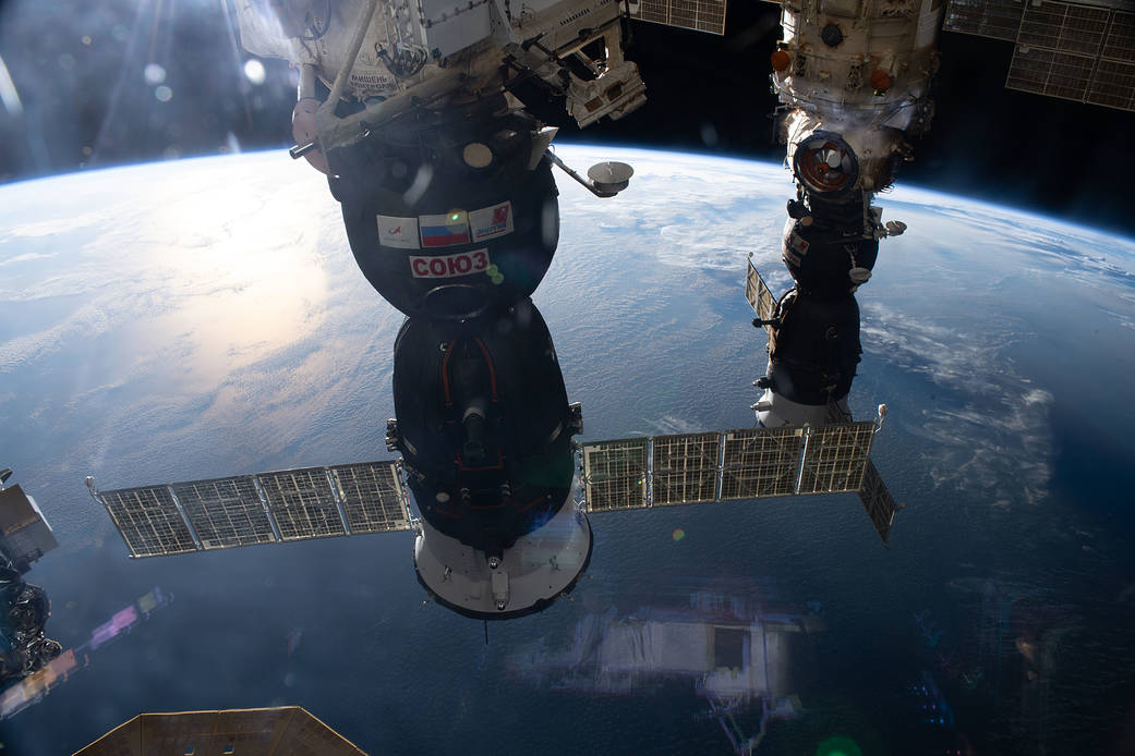 Two Soyuz crew ships are docked at the space station