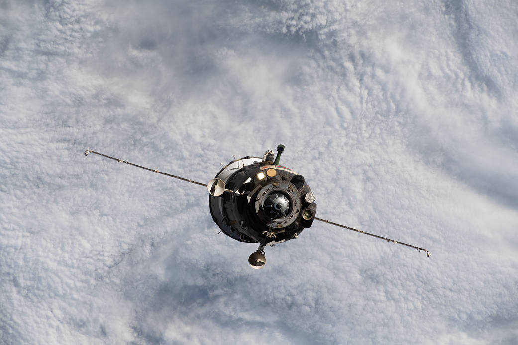 The Soyuz MS-18 crew ship departs the space station