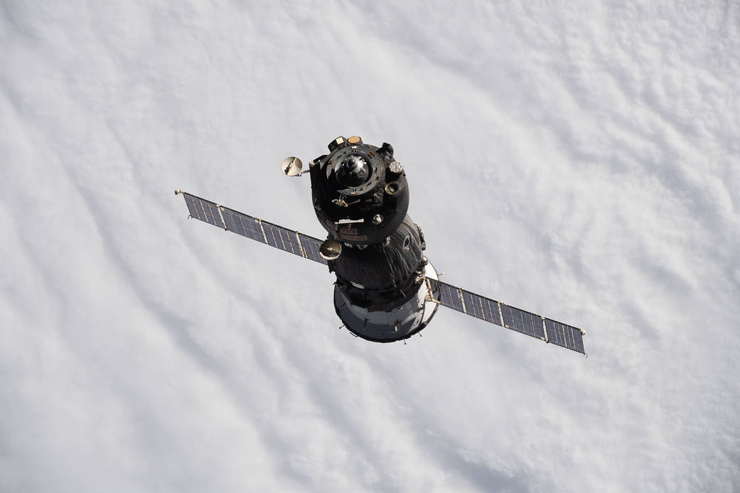The Soyuz MS-18 crew ship departs the space station