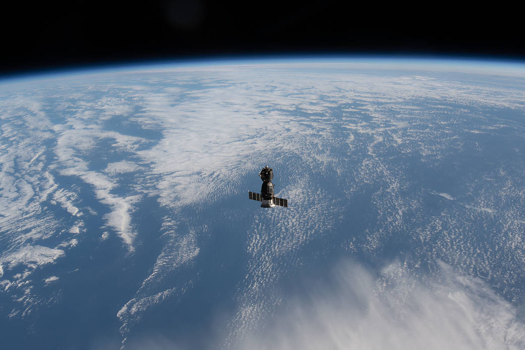 The Soyuz MS-18 crew ship departs the space station