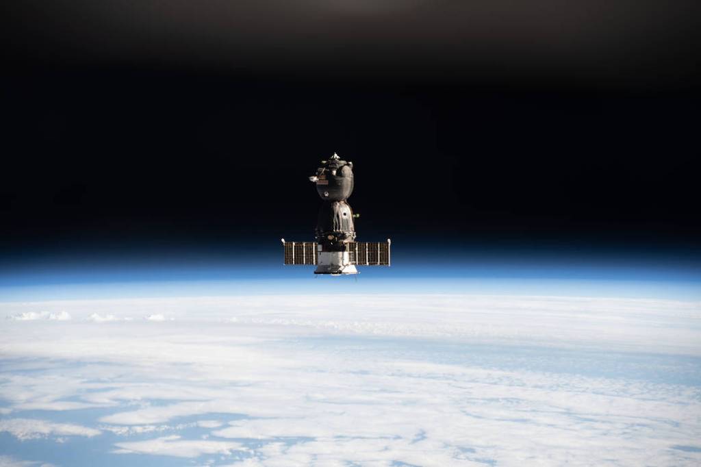 The Soyuz MS-18 crew ship departs the space station