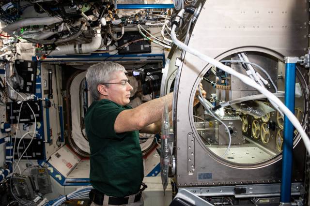 Astronaut Mark Vande Hei sets up hardware for a space physics study