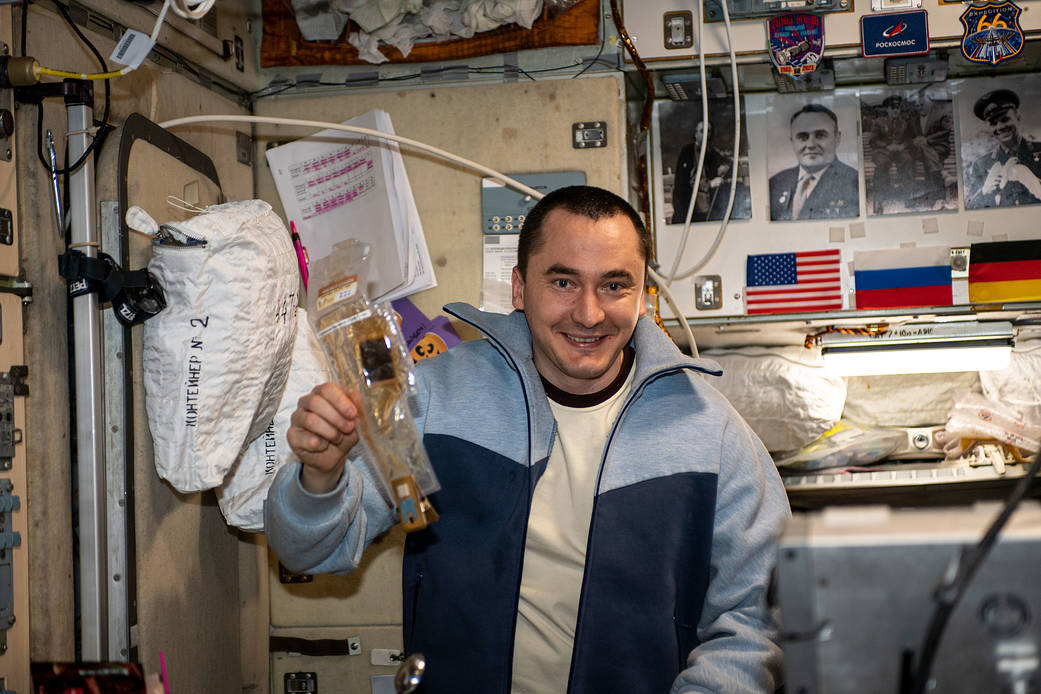 Cosmonaut Pyotr Dubrov inside the Zvezda service module