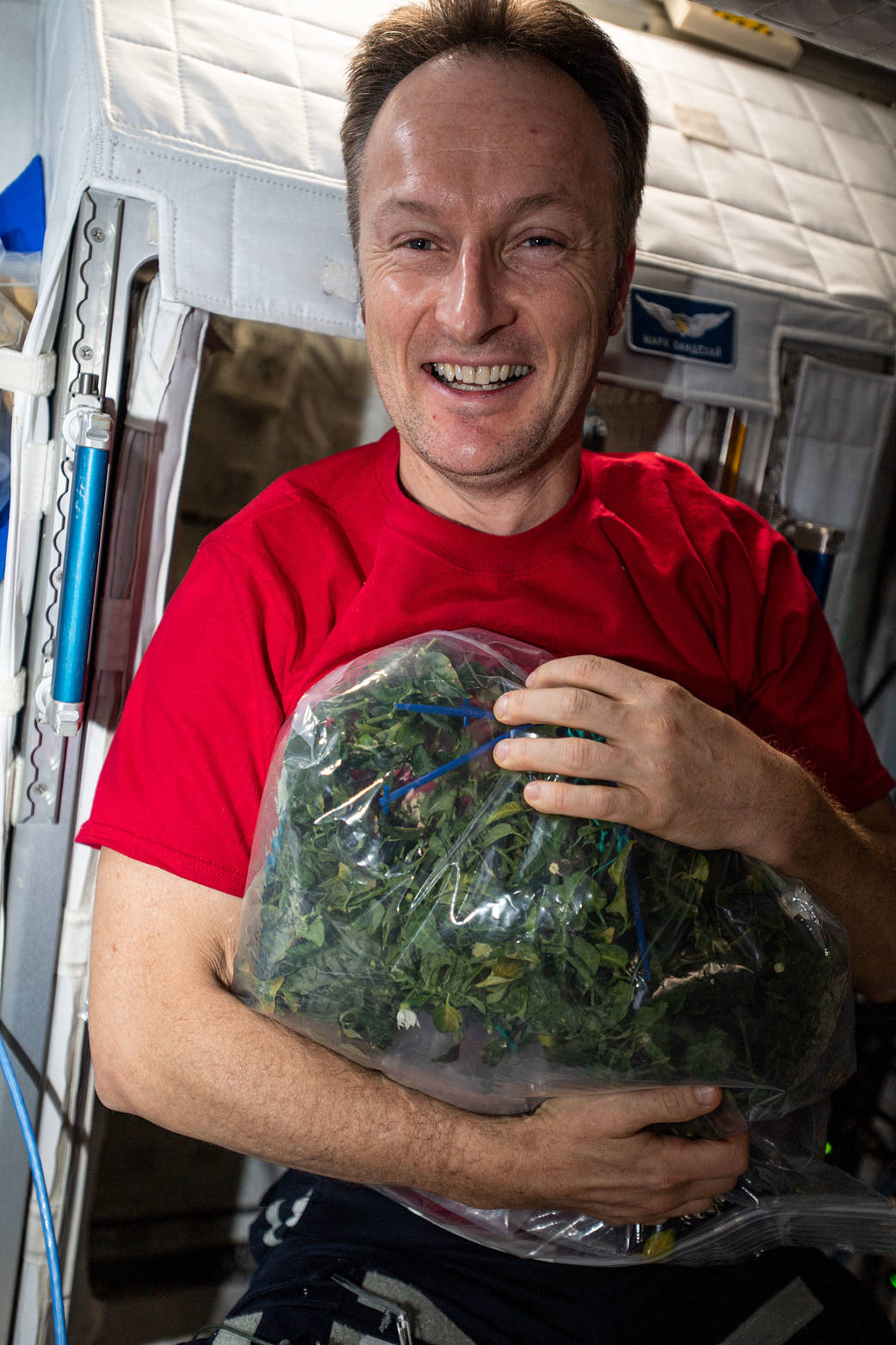 Astronaut Matthias Maurer is pictured with a bag of leaves