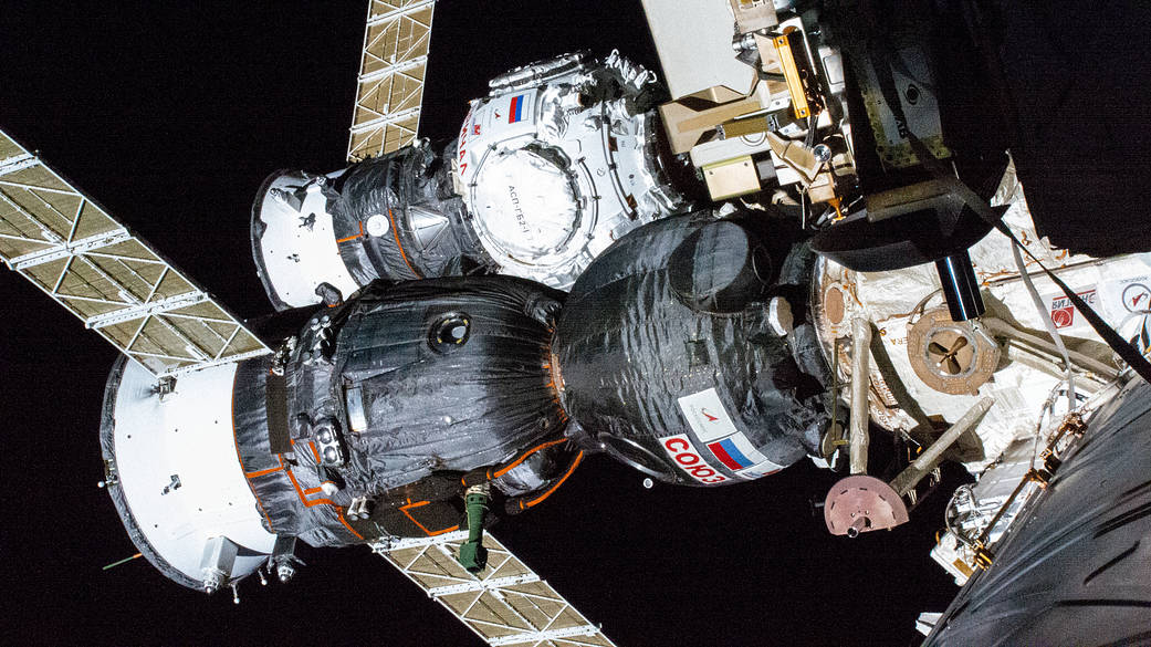 The Soyuz MS-19 crew ship and the Prichal docking module