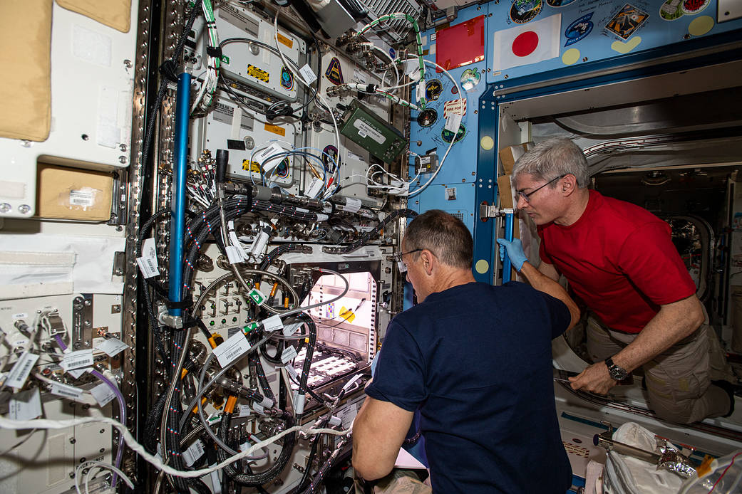 Astronauts examine the Advanced Plant Habitat