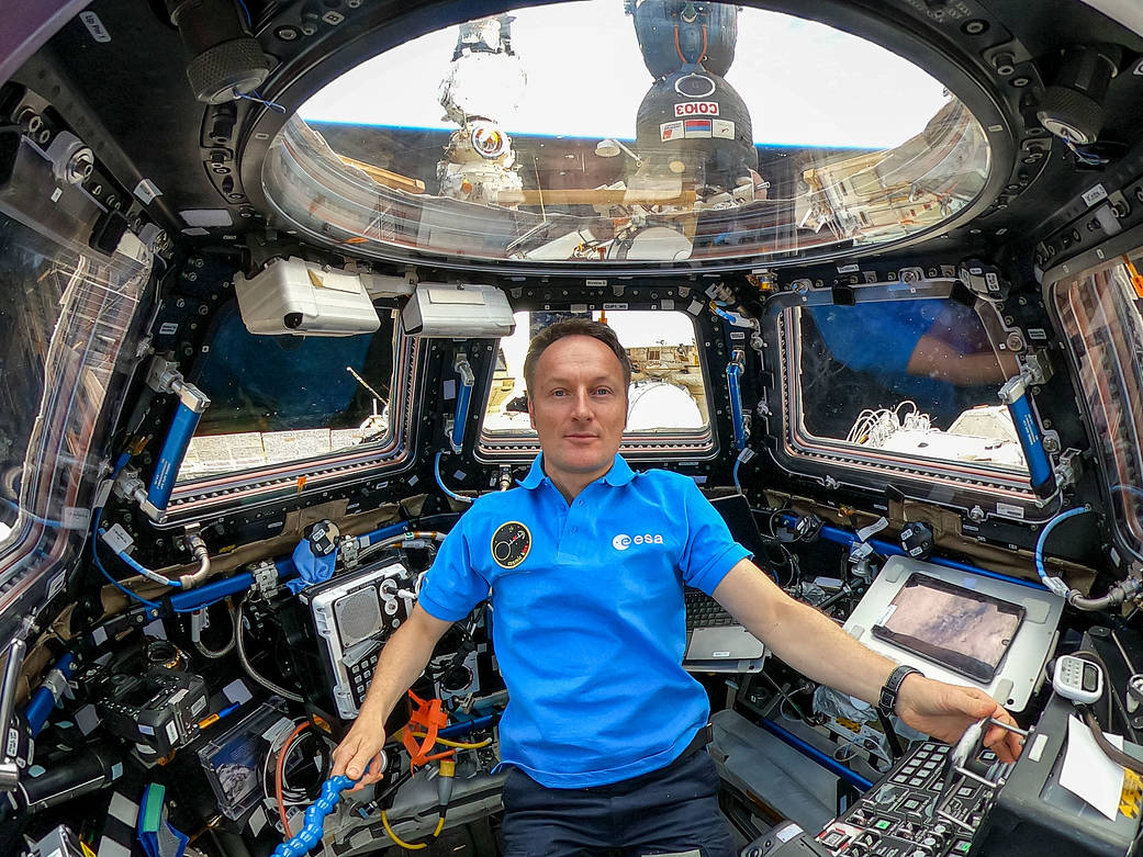 Astronaut Matthias Maurer inside the seven-windowed cupola