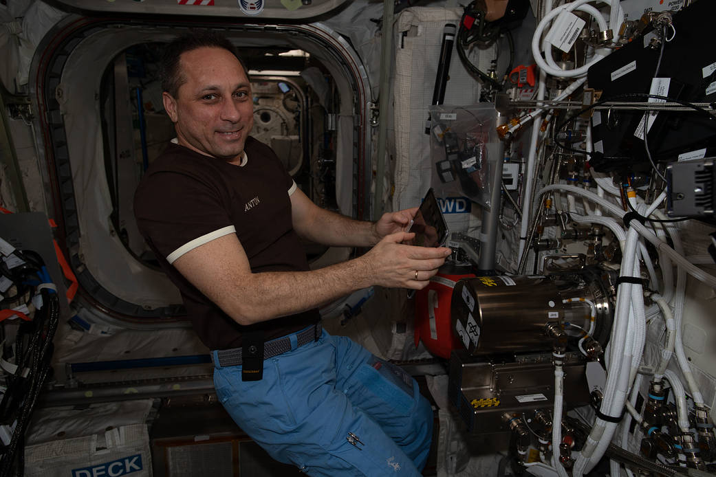 Cosmonaut Anton Shkaplerov works on maintenance activities
