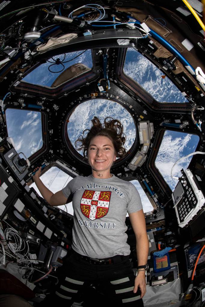 Astronaut Kayla Barron is inside the seven-windowed cupola