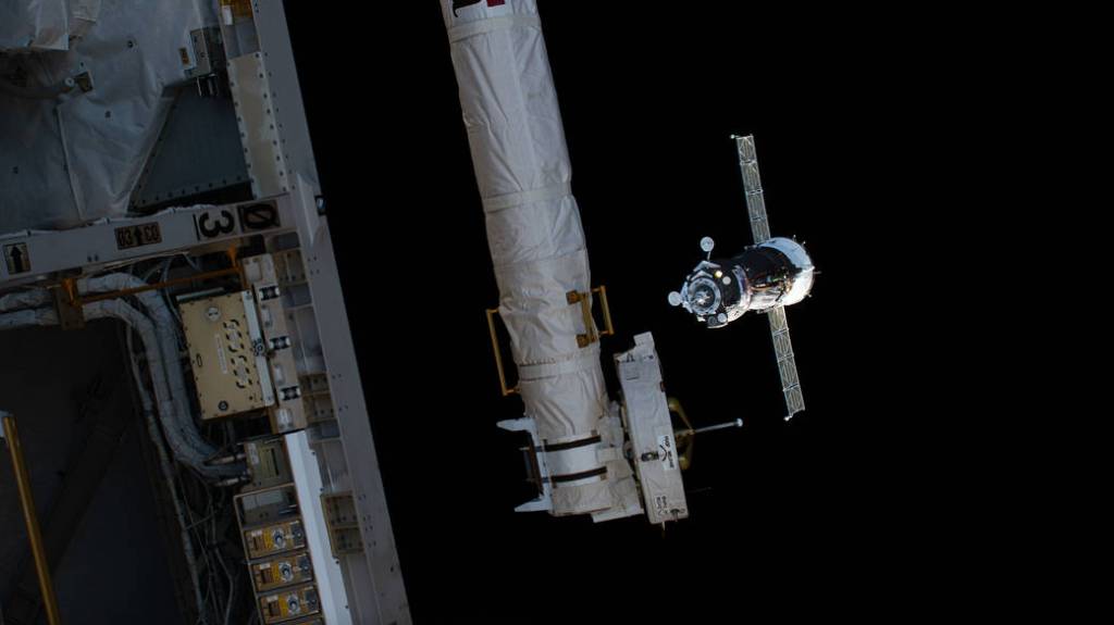 The Soyuz MS-20 crew ship approaches the International Space Station