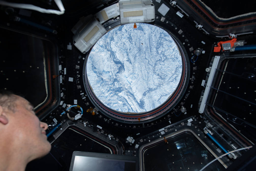 Astronaut Thomas Marshburn looks at the approaching Cargo Dragon