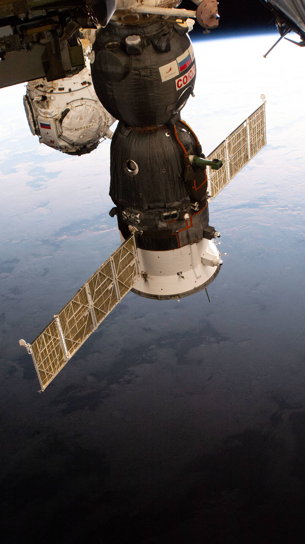 The Soyuz MS-19 crew ship and the Prichal docking module