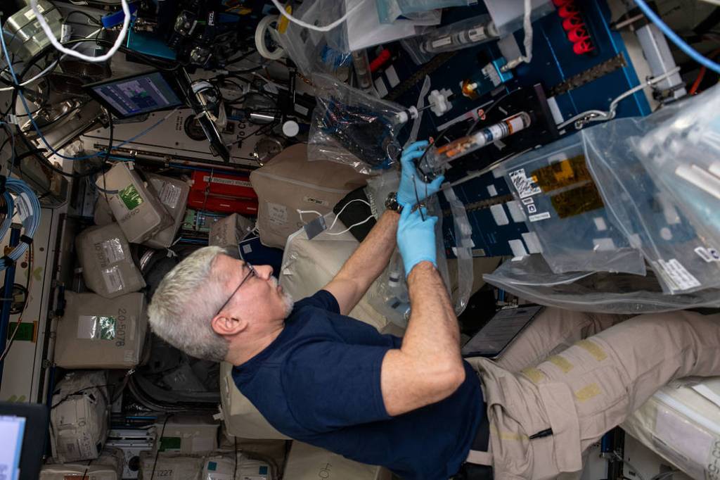 Astronaut Mark Vande Hei works on a space botany experiment