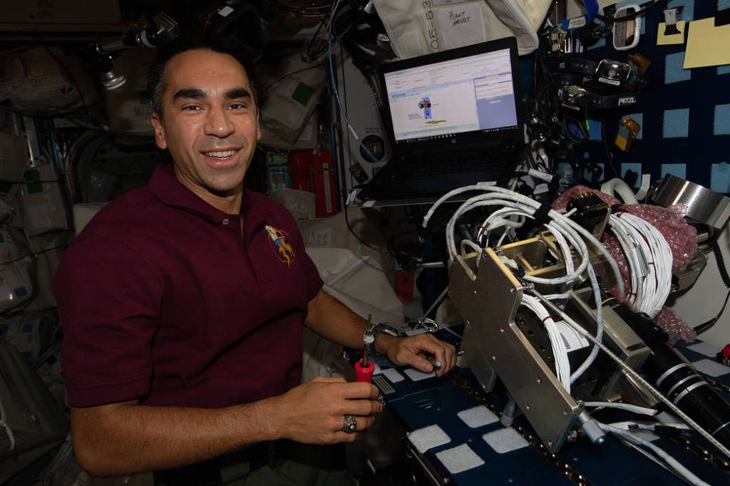 Astronaut Raja Chari works on the Ring Sheared Drop experiment