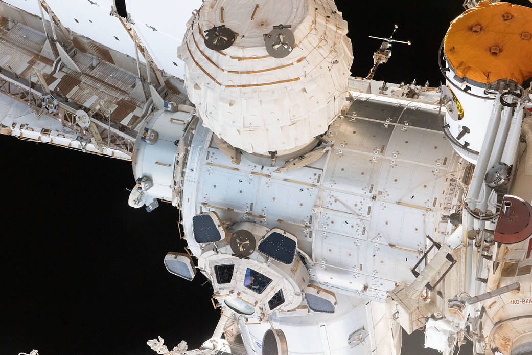Astronaut Kayla Barron peers out from a cupola window