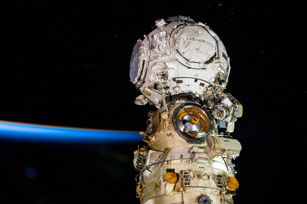 Russian spacewalker Anton Shkaplerov works outside Nauka
