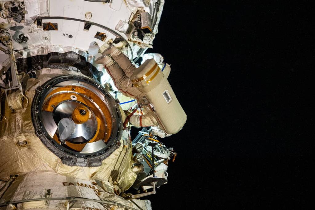 Russian spacewalker Anton Shkaplerov works outside Nauka