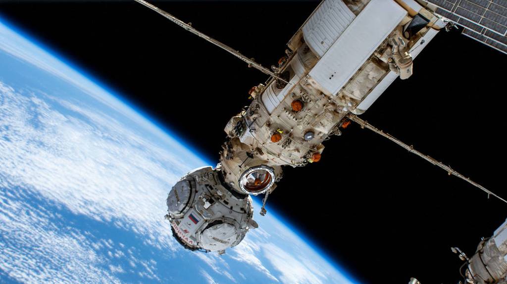 Russian spacewalker Anton Shkaplerov works outside Nauka