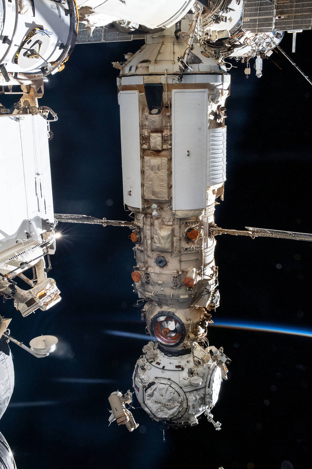Russian Spacewalkers dwarfed by the Nauka and Prichal modules
