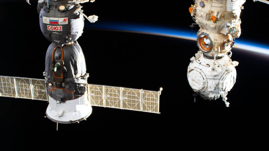 The Soyuz MS-19 crew ship and the Prichal docking module