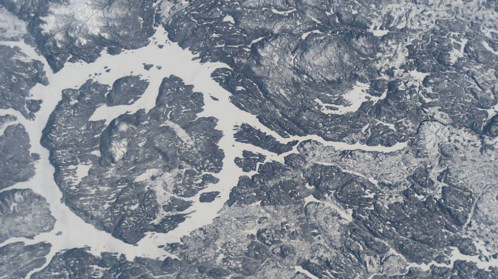 The icy terrain surrounding the Manicouagan Reservoir