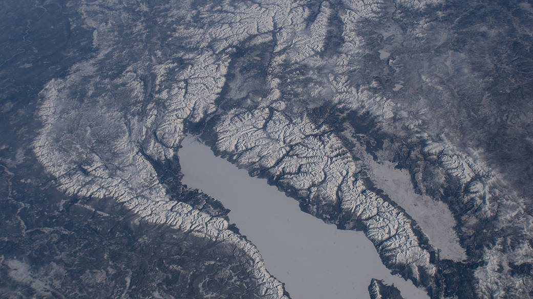 The icy, northern tip of Lake Baikal in Russia