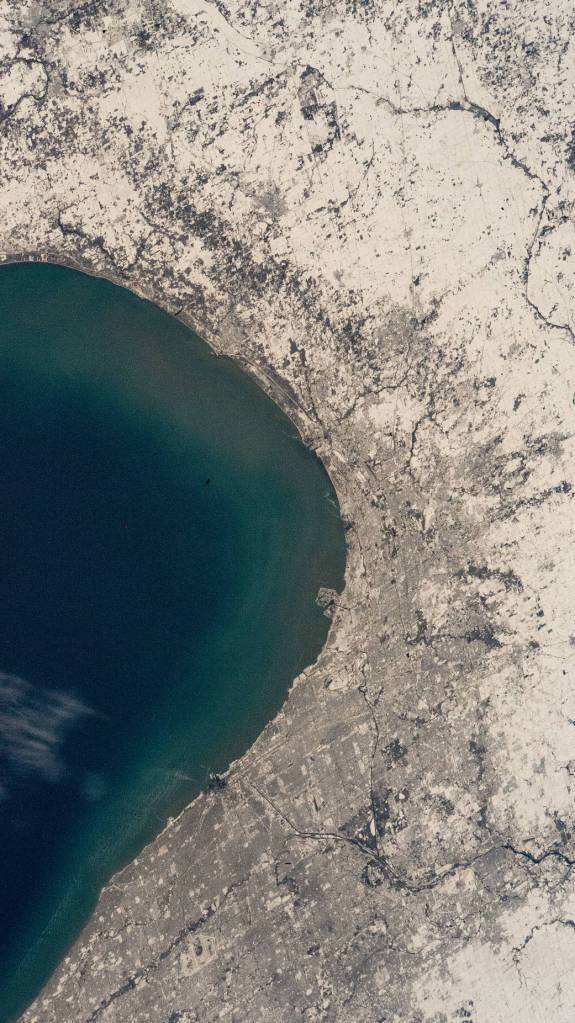 The southern tip of Lake Michigan and Chicago, Illinois