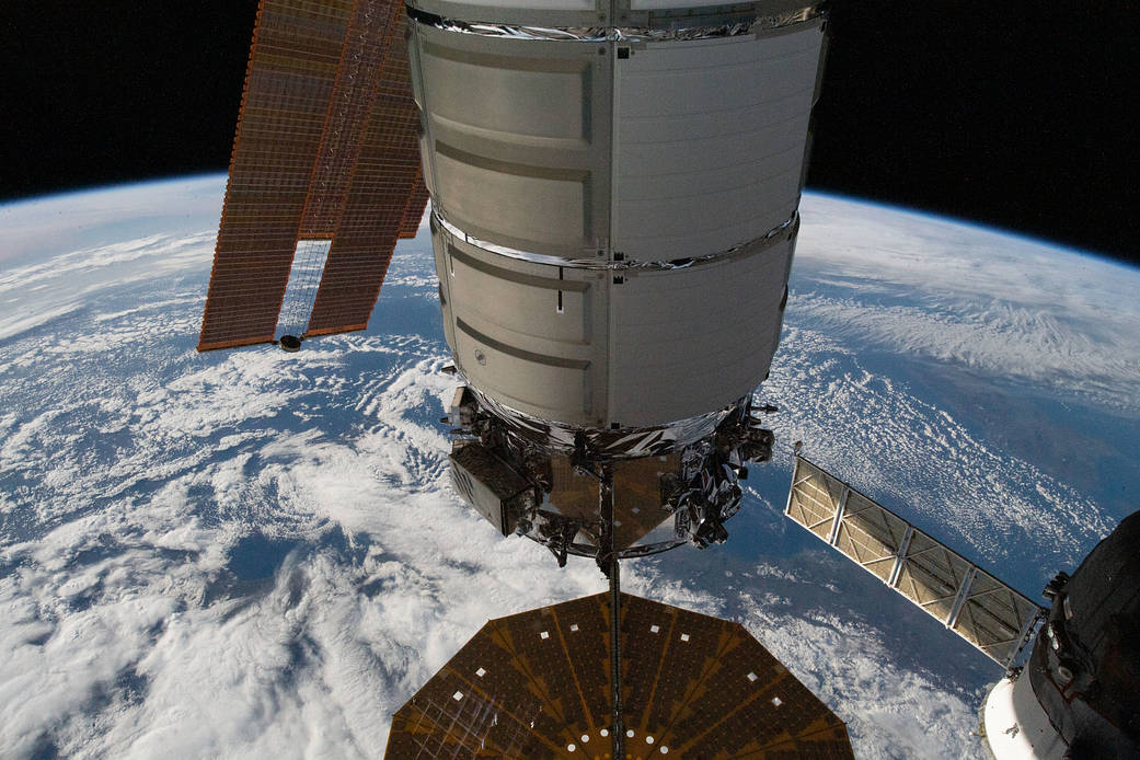 The Cygnus space freighter attached to the space station