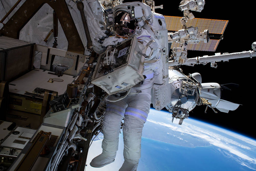 NASA spacewalker Raja Chari is pictured tethered to the station