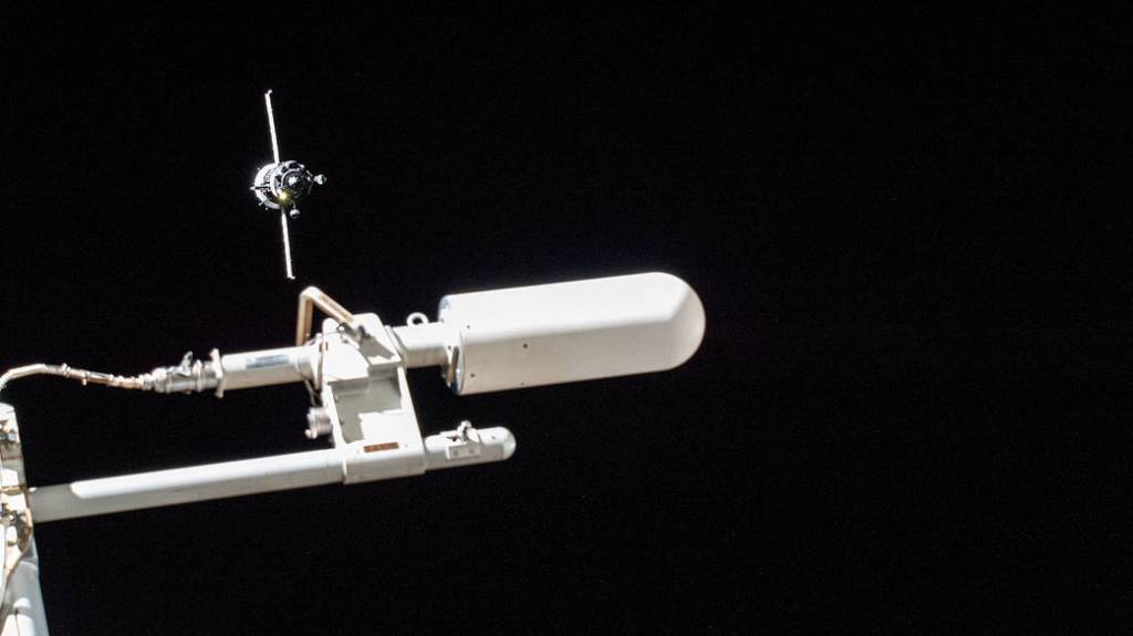 The Soyuz MS-21 crew ship approaches the space station