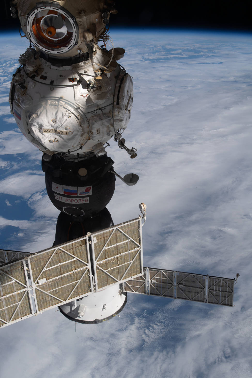 The Soyuz MS-21 crew ship docked to the Prichal module