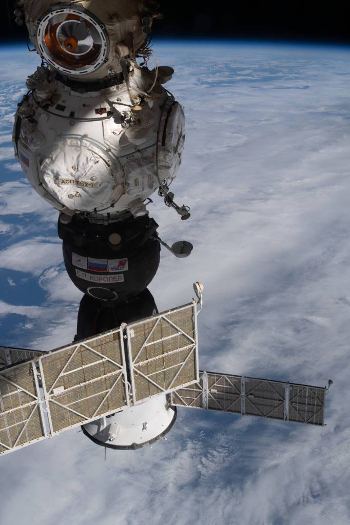 The Soyuz MS-21 crew ship docked to the Prichal module