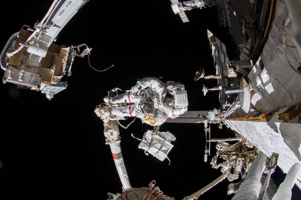 Astronaut Raja Chari is pictured during a spacewalk