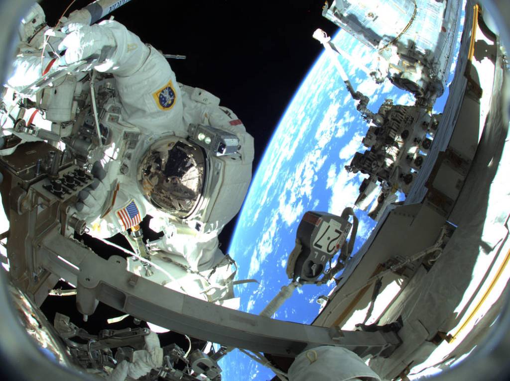 Astronaut Raja Chari is pictured during a spacewalk