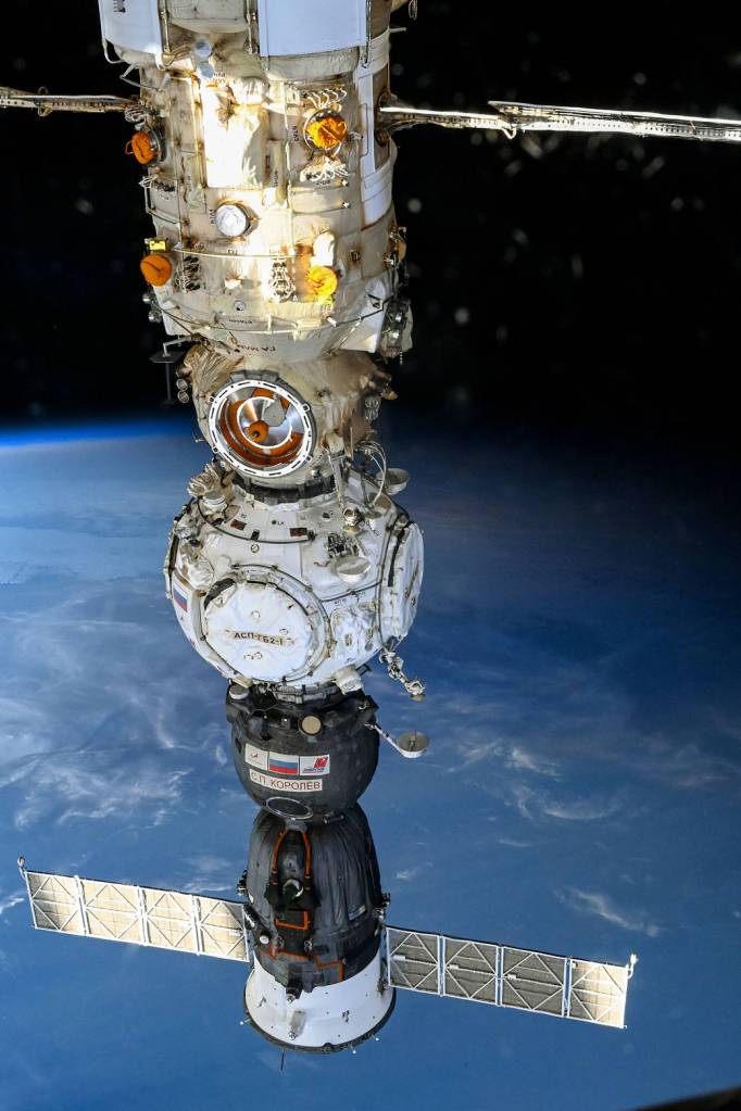 The Soyuz MS-21 crew ship docked to the Prichal module