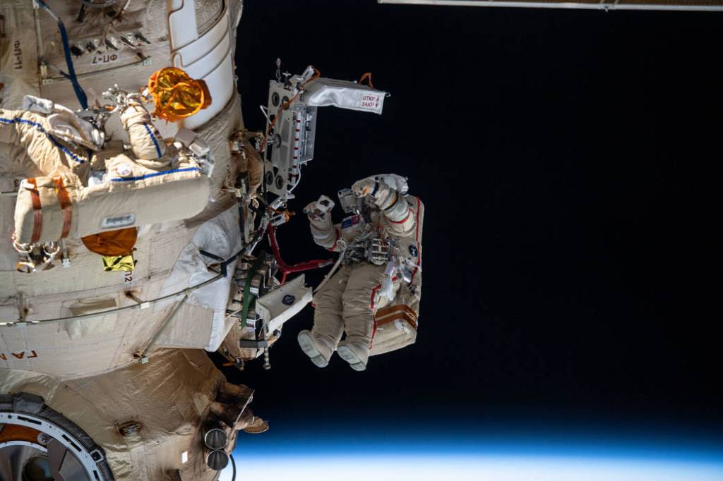 Spacewalkers Denis Matveev and Oleg Artemyev