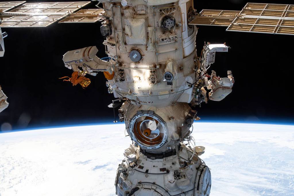 Spacewalkers Denis Matveev and Oleg Artemyev