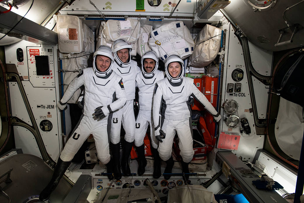The SpaceX Crew-3 astronauts check out their Dragon spacesuits