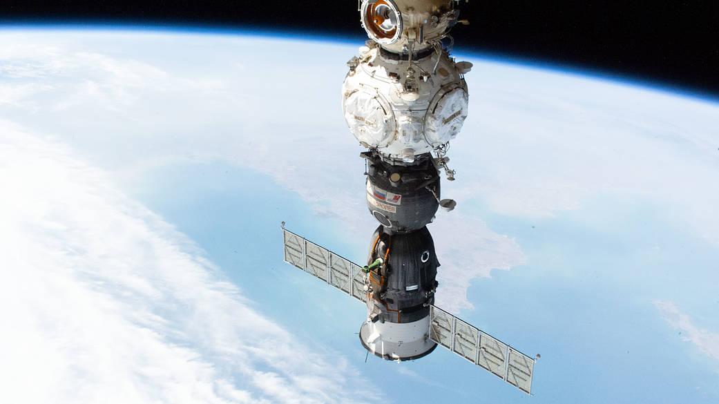 The Soyuz MS-21 crew ship docked to the Prichal module