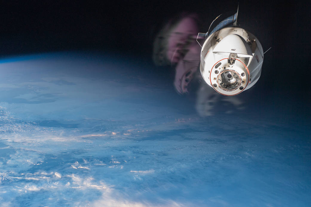 The SpaceX Dragon Endurance crew ship backs away from the station