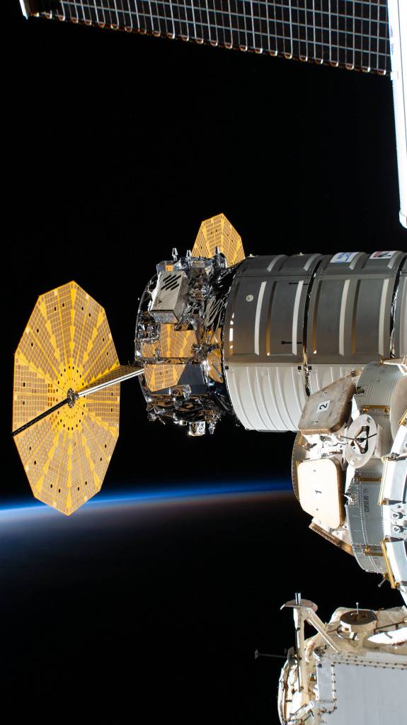 The Cygnus space freighter is pictured attached to the Unity module